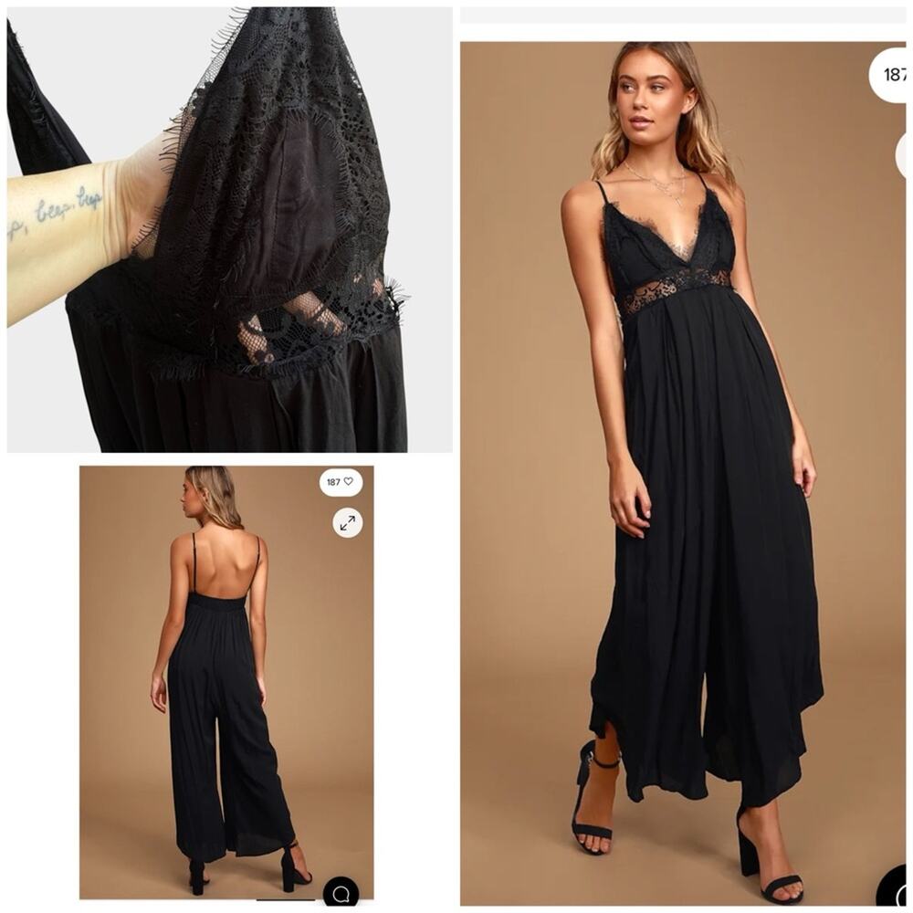 Lulu's Black Lace-Trim Wide-Leg Jumpsuit
